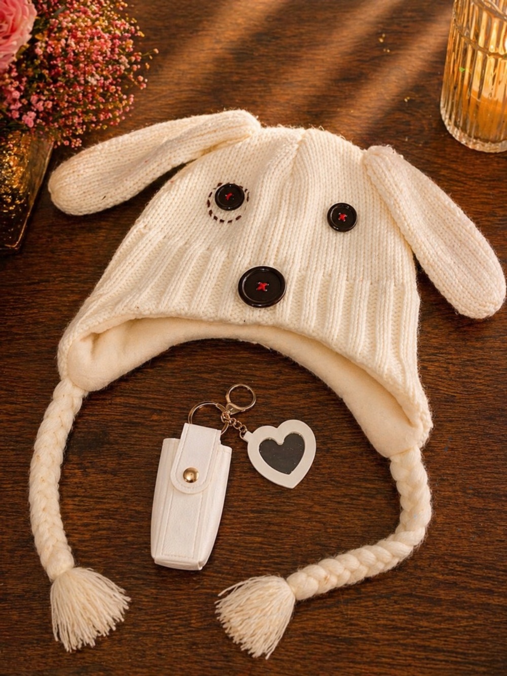 Cream White Knit Bunny Ear Hat with Braided Ties + keychain combo